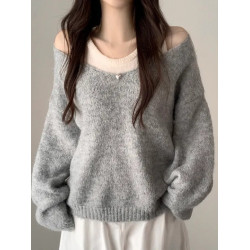 韓國chic秋冬白色打底背心+寬松休閒套頭V領針織衫兩件套毛衣女潮