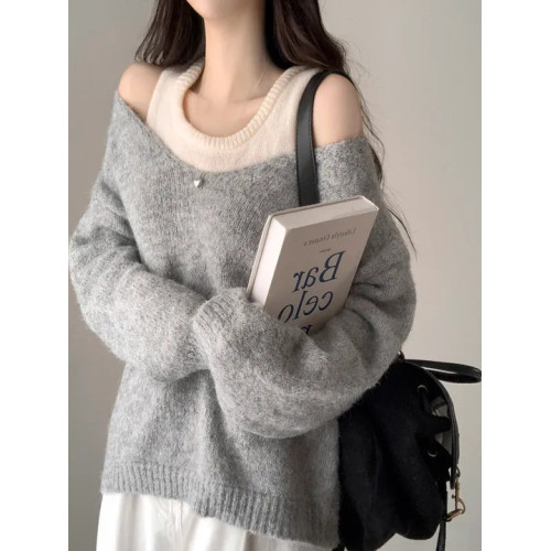 韓國chic秋冬白色打底背心+寬松休閒套頭V領針織衫兩件套毛衣女潮 韓國chic秋冬白色打底背心+寬松休閒套頭V領針織衫兩件套毛衣女潮