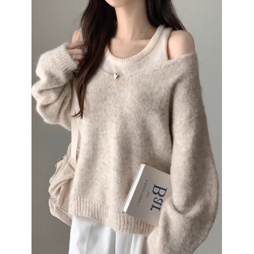 韓國chic秋冬白色打底背心+寬松休閒套頭V領針織衫兩件套毛衣女潮 韓國chic秋冬白色打底背心+寬松休閒套頭V領針織衫兩件套毛衣女潮