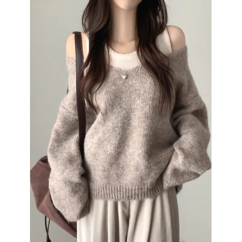 韓國chic秋冬白色打底背心+寬松休閒套頭V領針織衫兩件套毛衣女潮 韓國chic秋冬白色打底背心+寬松休閒套頭V領針織衫兩件套毛衣女潮