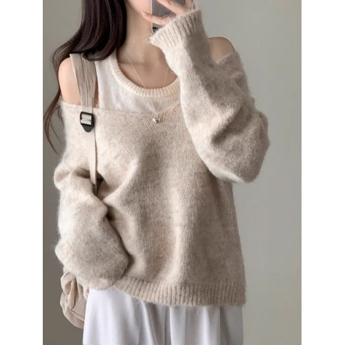 韓國chic秋冬白色打底背心+寬松休閒套頭V領針織衫兩件套毛衣女潮 韓國chic秋冬白色打底背心+寬松休閒套頭V領針織衫兩件套毛衣女潮