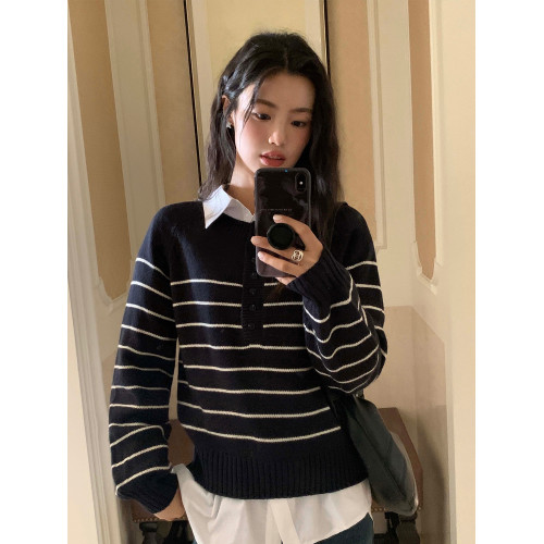 pusumede 暮色微風 條紋毛衣女秋冬圓領顯瘦休閒羊毛針織衫上衣