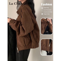 拉夏貝爾復古鹿皮絨夾克外套女2025新款秋冬季加絨設計感小衆上衣