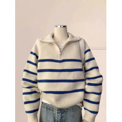 藍色條紋浣熊絨半拉鍊polo翻領毛衣秋冬女針織內搭打底衫上衣冬季