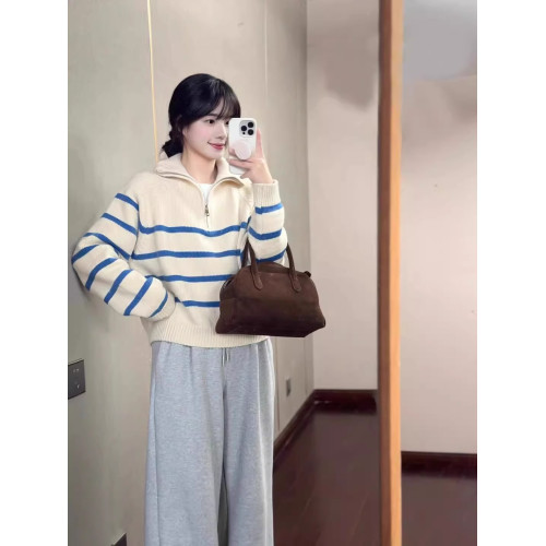 藍色條紋浣熊絨半拉鍊polo翻領毛衣秋冬女針織內搭打底衫上衣冬季 藍色條紋浣熊絨半拉鍊polo翻領毛衣秋冬女針織內搭打底衫上衣冬季