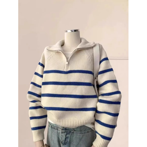 藍色條紋浣熊絨半拉鍊polo翻領毛衣秋冬女針織內搭打底衫上衣冬季 藍色條紋浣熊絨半拉鍊polo翻領毛衣秋冬女針織內搭打底衫上衣冬季