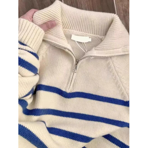 藍色條紋浣熊絨半拉鍊polo翻領毛衣秋冬女針織內搭打底衫上衣冬季 藍色條紋浣熊絨半拉鍊polo翻領毛衣秋冬女針織內搭打底衫上衣冬季