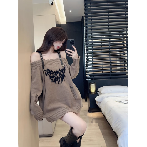 廢土風毛衣女秋季純欲辣妹一字肩吊帶上衣中長款高級感針織衫外套 廢土風毛衣女秋季純欲辣妹一字肩吊帶上衣中長款高級感針織衫外套