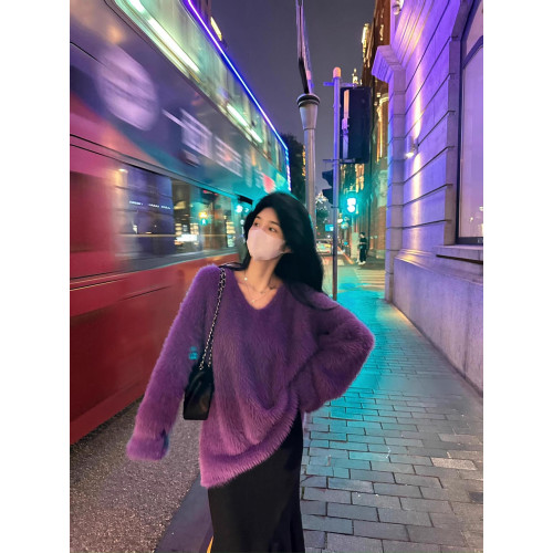 秋冬V領寬松慵懶風毛衣加厚仿水貂毛外套女紫色法式洋氣韓版上衣 秋冬V領寬松慵懶風毛衣加厚仿水貂毛外套女紫色法式洋氣韓版上衣