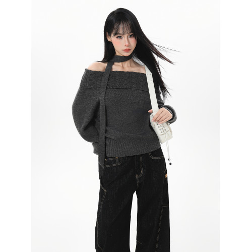 灰色麻花一字肩毛衣女秋冬復古慵懶風露肩短款內搭針織打底衫冬季 灰色麻花一字肩毛衣女秋冬復古慵懶風露肩短款內搭針織打底衫冬季