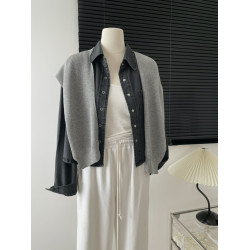 韓國東大門秋季新款休閒翻領牛仔短款襯衫上衣外搭披肩兩件套裝女