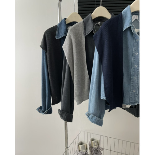 韓國東大門秋季新款休閒翻領牛仔短款襯衫上衣外搭披肩兩件套裝女 韓國東大門秋季新款休閒翻領牛仔短款襯衫上衣外搭披肩兩件套裝女