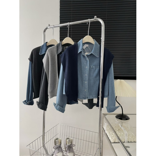 韓國東大門秋季新款休閒翻領牛仔短款襯衫上衣外搭披肩兩件套裝女 韓國東大門秋季新款休閒翻領牛仔短款襯衫上衣外搭披肩兩件套裝女