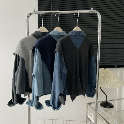 韓國東大門秋季新款休閒翻領牛仔短款襯衫上衣外搭披肩兩件套裝女 韓國東大門秋季新款休閒翻領牛仔短款襯衫上衣外搭披肩兩件套裝女