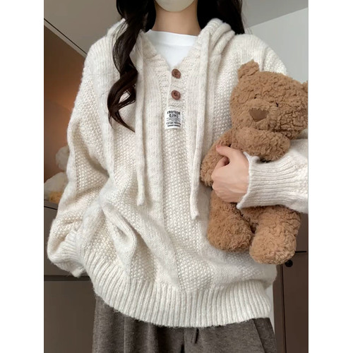 2025早秋新款高級感連帽毛衣外套女秋冬季寬松慵懶風軟糯針織上衣