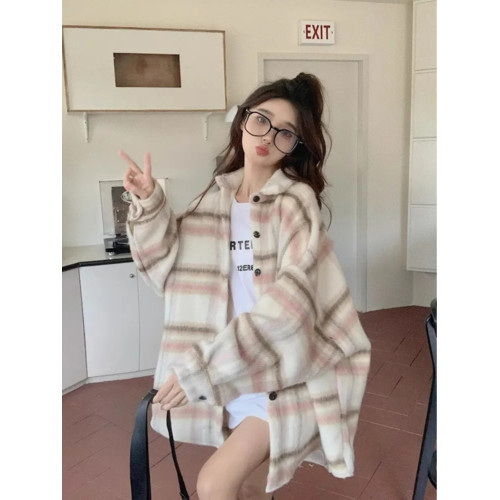 大碼格子毛呢襯衫外套女秋冬胖mm300斤慵懶風寬松中長款休閒開衫