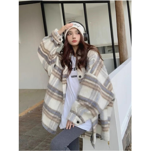 大碼格子毛呢襯衫外套女秋冬胖mm300斤慵懶風寬松中長款休閒開衫