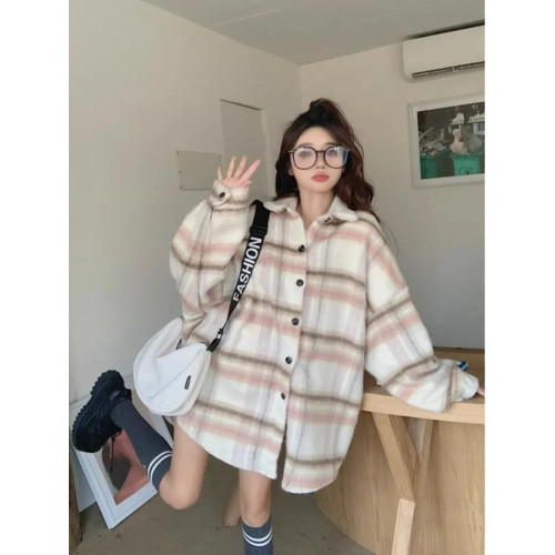大碼格子毛呢襯衫外套女秋冬胖mm300斤慵懶風寬松中長款休閒開衫