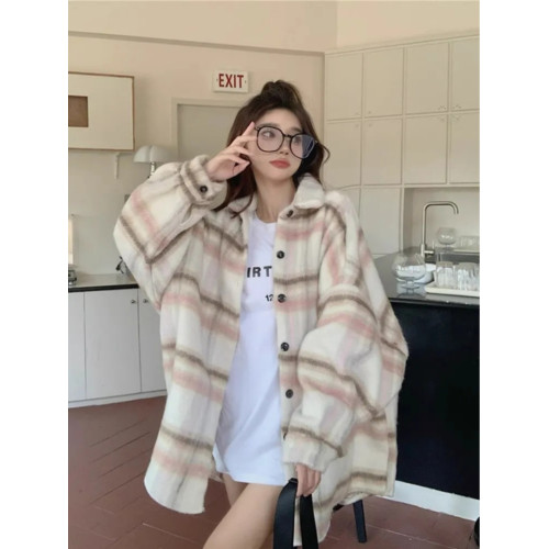 大碼格子毛呢襯衫外套女秋冬胖mm300斤慵懶風寬松中長款休閒開衫