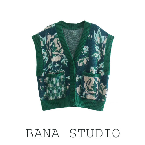 BANA復古綠色毛衣高級感女2021年新款冬季花色馬甲針織背心