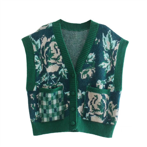 BANA復古綠色毛衣高級感女2021年新款冬季花色馬甲針織背心