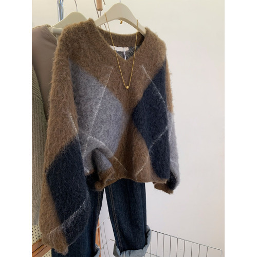 復古菱格v領咖色毛衣女2025秋冬加厚慵懶風高級感針織衫上衣冬季