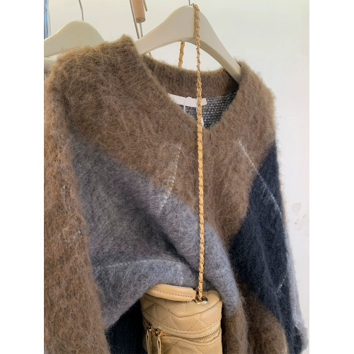 復古菱格v領咖色毛衣女2025秋冬加厚慵懶風高級感針織衫上衣冬季