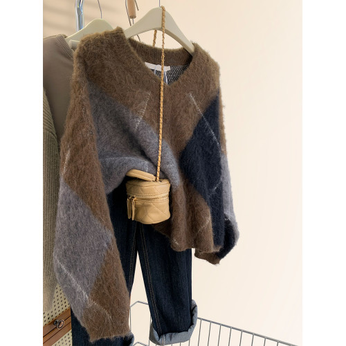 復古菱格v領咖色毛衣女2025秋冬加厚慵懶風高級感針織衫上衣冬季