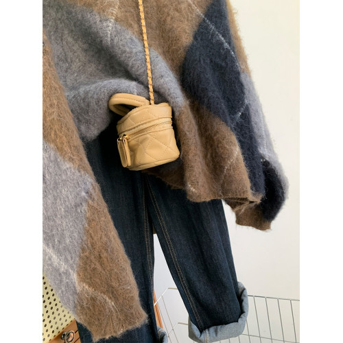 復古菱格v領咖色毛衣女2025秋冬加厚慵懶風高級感針織衫上衣冬季