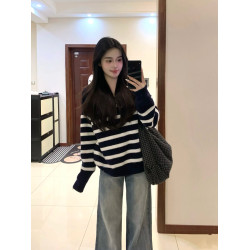 Polo領條紋毛衣女2024秋韓版休閒撞色寬松慵懶減齡拉鍊針織衫上衣