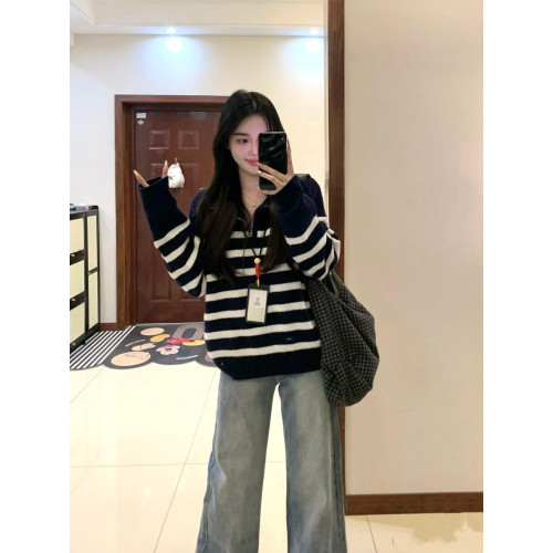 Polo領條紋毛衣女2024秋韓版休閒撞色寬松慵懶減齡拉鍊針織衫上衣