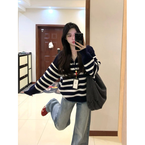 Polo領條紋毛衣女2024秋韓版休閒撞色寬松慵懶減齡拉鍊針織衫上衣