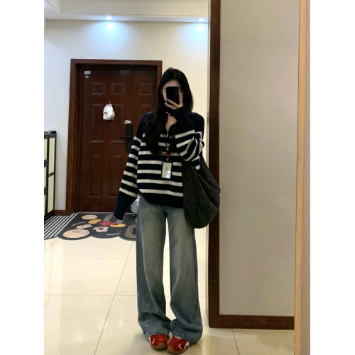 Polo領條紋毛衣女2024秋韓版休閒撞色寬松慵懶減齡拉鍊針織衫上衣