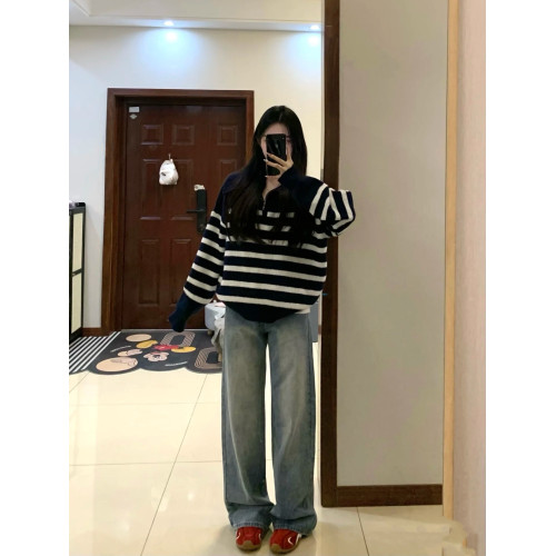 Polo領條紋毛衣女2024秋韓版休閒撞色寬松慵懶減齡拉鍊針織衫上衣