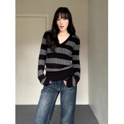 復古撞色黑灰條紋V領麻花毛衣女秋冬季修身內搭針織衫可外穿上衣