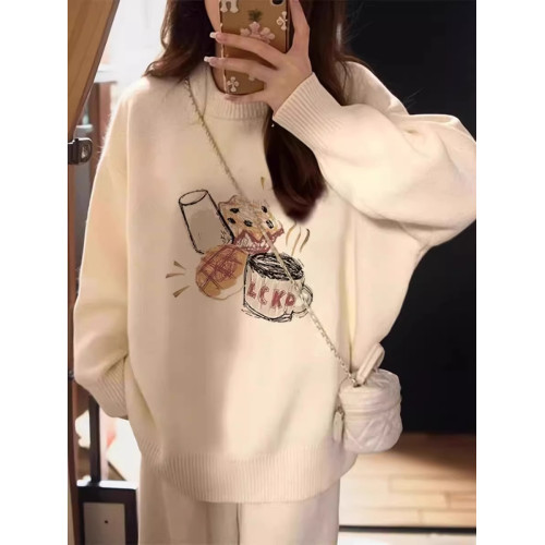 白色印花奶fufu秋冬毛衣女小個子慵懶風高級感上衣冬季加厚針織衫 白色印花奶fufu秋冬毛衣女小個子慵懶風高級感上衣冬季加厚針織衫