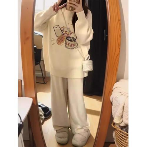 白色印花奶fufu秋冬毛衣女小個子慵懶風高級感上衣冬季加厚針織衫 白色印花奶fufu秋冬毛衣女小個子慵懶風高級感上衣冬季加厚針織衫