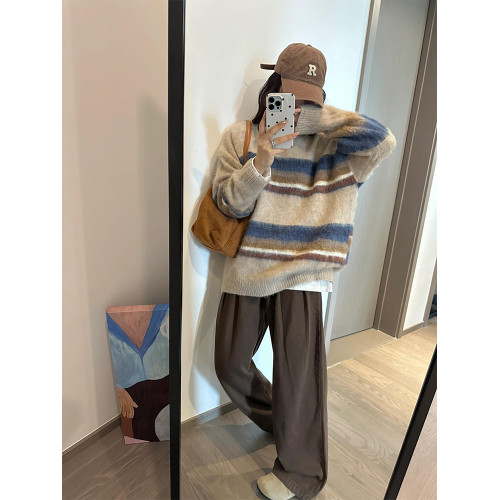 復古撞色條紋毛衣女軟糯慵懶高級感2025秋冬新款寬松針織衫上衣潮 復古撞色條紋毛衣女軟糯慵懶高級感2025秋冬新款寬松針織衫上衣潮