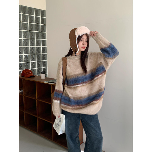 復古撞色條紋毛衣女軟糯慵懶高級感2025秋冬新款寬松針織衫上衣潮 復古撞色條紋毛衣女軟糯慵懶高級感2025秋冬新款寬松針織衫上衣潮