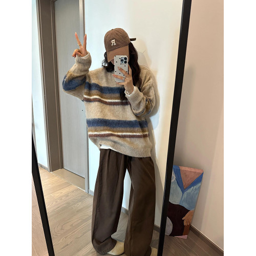 復古撞色條紋毛衣女軟糯慵懶高級感2025秋冬新款寬松針織衫上衣潮 復古撞色條紋毛衣女軟糯慵懶高級感2025秋冬新款寬松針織衫上衣潮