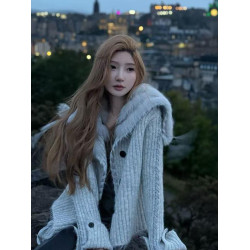 早秋韓系氛圍感穿搭灰色大翻領毛邊毛衣外套女秋冬慵懶風針織開衫