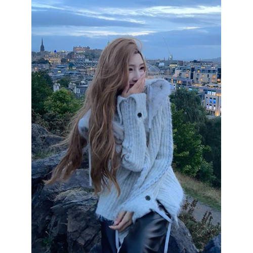 早秋韓系氛圍感穿搭灰色大翻領毛邊毛衣外套女秋冬慵懶風針織開衫 早秋韓系氛圍感穿搭灰色大翻領毛邊毛衣外套女秋冬慵懶風針織開衫