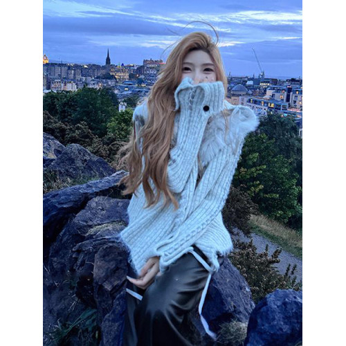 早秋韓系氛圍感穿搭灰色大翻領毛邊毛衣外套女秋冬慵懶風針織開衫 早秋韓系氛圍感穿搭灰色大翻領毛邊毛衣外套女秋冬慵懶風針織開衫