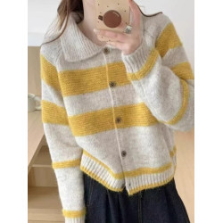 韓系復古撞色條紋翻領毛衣開衫外套女秋冬寬松慵懶風小個子針織衫