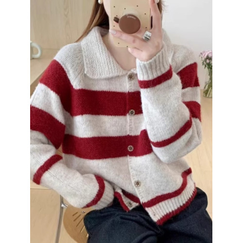 韓系復古撞色條紋翻領毛衣開衫外套女秋冬寬松慵懶風小個子針織衫 韓系復古撞色條紋翻領毛衣開衫外套女秋冬寬松慵懶風小個子針織衫