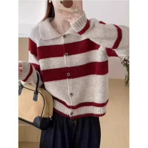 韓系復古撞色條紋翻領毛衣開衫外套女秋冬寬松慵懶風小個子針織衫 韓系復古撞色條紋翻領毛衣開衫外套女秋冬寬松慵懶風小個子針織衫