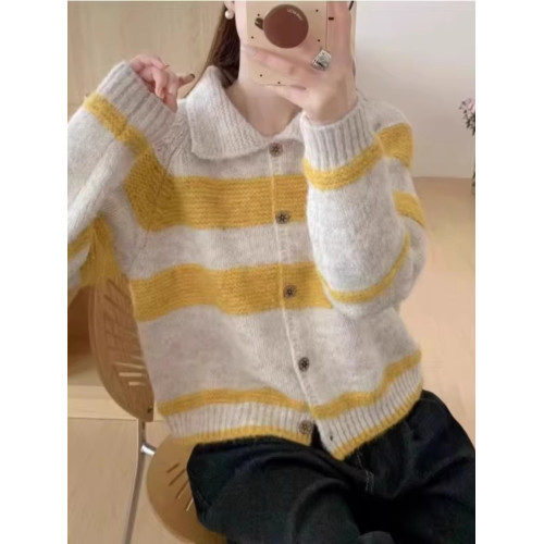 韓系復古撞色條紋翻領毛衣開衫外套女秋冬寬松慵懶風小個子針織衫 韓系復古撞色條紋翻領毛衣開衫外套女秋冬寬松慵懶風小個子針織衫