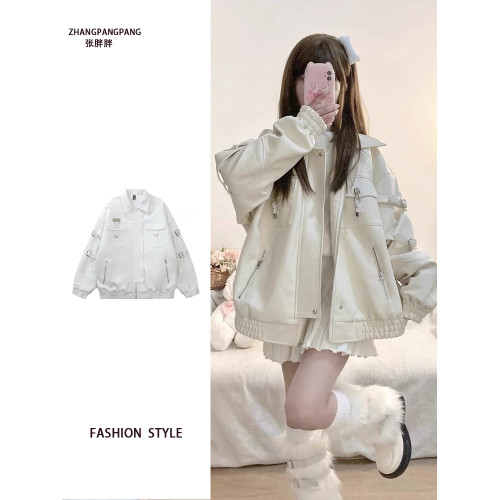 大碼原宿風手袖愛心環釦拼接pu皮衣外套女2025春秋新款機車服夾克 大碼原宿風手袖愛心環釦拼接pu皮衣外套女2025春秋新款機車服夾克