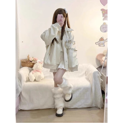 大碼原宿風手袖愛心環釦拼接pu皮衣外套女2025春秋新款機車服夾克 大碼原宿風手袖愛心環釦拼接pu皮衣外套女2025春秋新款機車服夾克