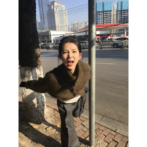 HuaHua 花花 復古毛絨單排釦設計感毛衣純欲半高領辣妹針織外套女 HuaHua 花花 復古毛絨單排釦設計感毛衣純欲半高領辣妹針織外套女